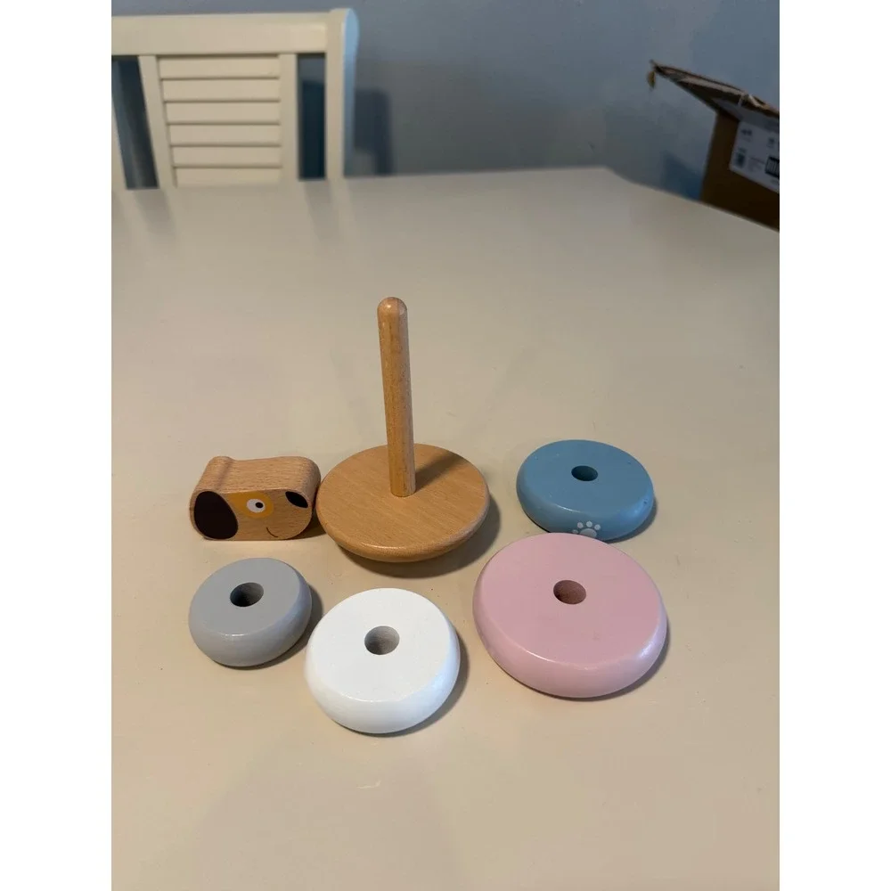 Wooden Puppy Dog Stacking Toy Montessori Pastel Rings Wobbly Base Toddler Toy